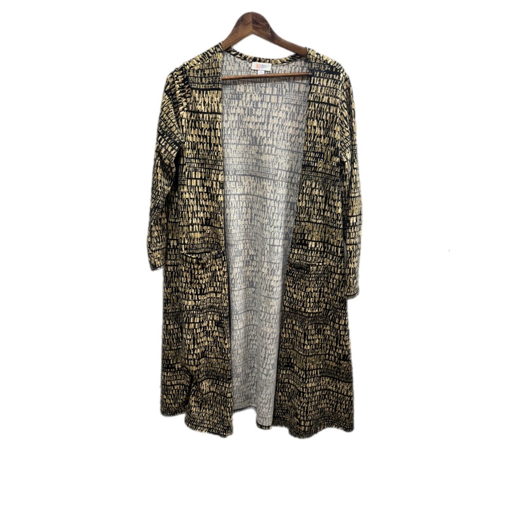 LuLaRoe Joy Longline Duster Women Large Gold Black Geometric Excellent Pockets